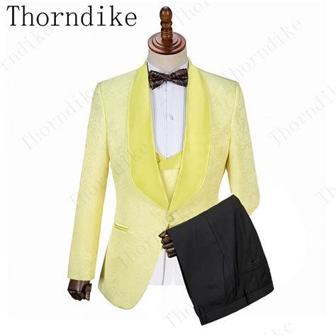Thorndike New Arrival Mens Suits Yellow 2019 Jacquard Groom Tuxedos