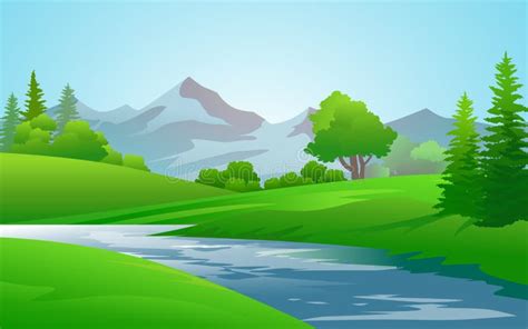 Green Forest Nature Landscape With River And Hills Stock Illustration