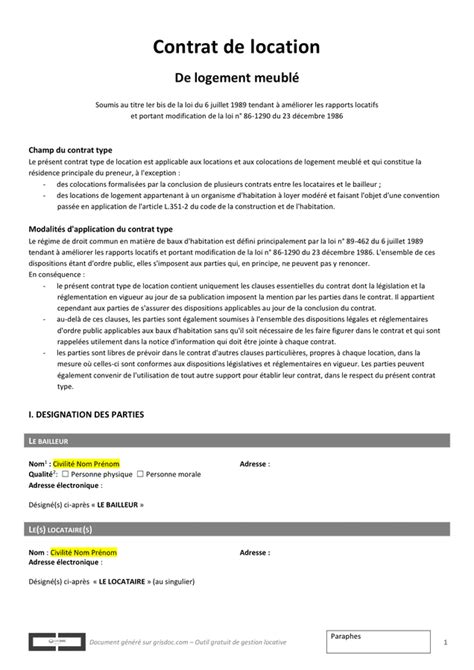 Contrat Bail Location Non Meublé Contrat De Location Non Meublé