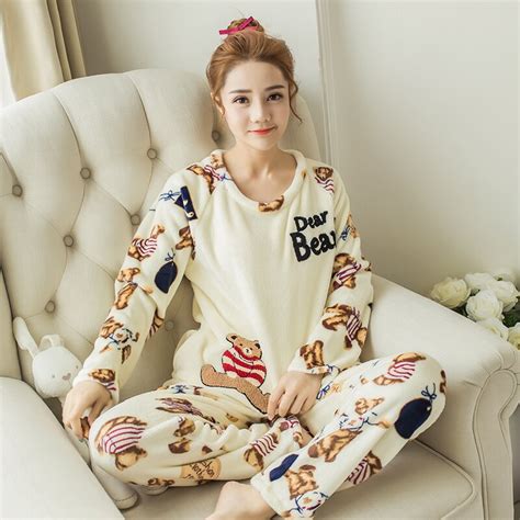 Female Winter Pajamas Suit Thick Coral Velvet Lady Warm Flannel