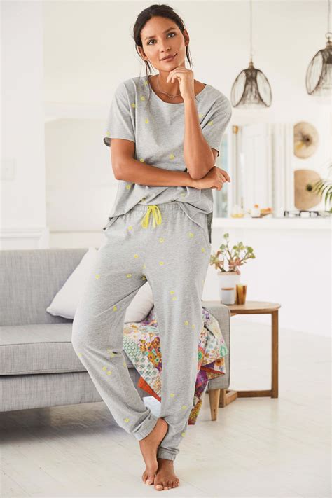 Womens Next Grey Daisy Cotton Blend Pyjamas Grey Cotton Pajamas Women Women Nightwear