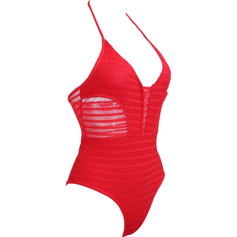 2017 New Swimwear Women One Piece Swimsuit Black And Red Mesh Bikini