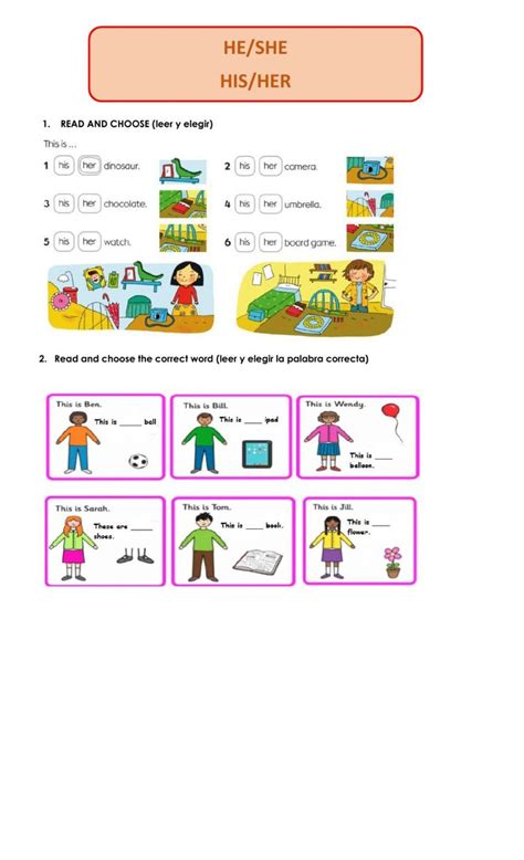 his her he she interactive worksheet worksheets personal pronouns english as a second