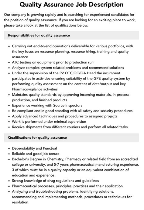 Quality Assurance Job Description | Velvet Jobs