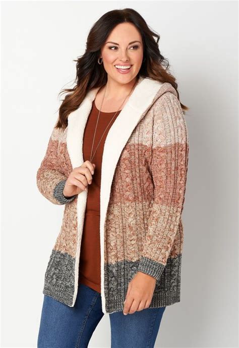 Plus Size Color Block Sherpa Hood Cardigan Sweater Hooded Cardigan
