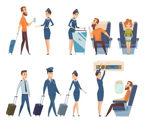 Premium Vector Airplane Passengers Stewardess In Uniform Boarding Airplane Safety Cartoon