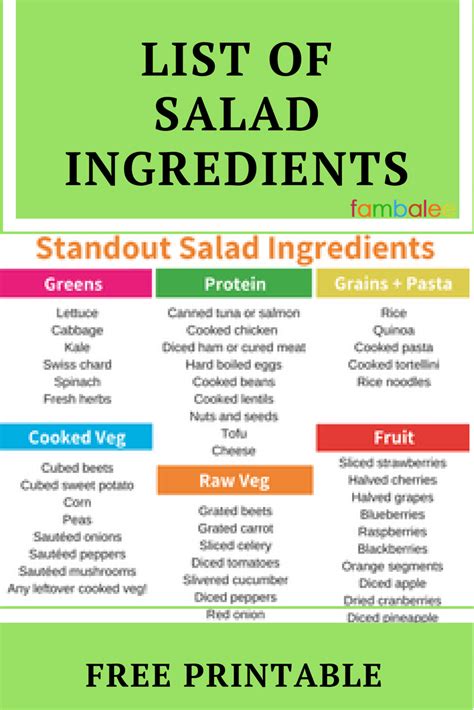 Printable List Of Salad Ingredients Which Will Allow You To Mix And