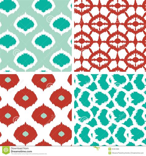 Set Of Green And Red Ikat Geometric Seamless Vector Background