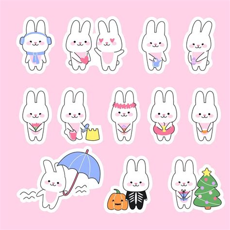 Set Of 12 Stickers Cute Kawaii Rabbits Funny Bunny Character In Varios