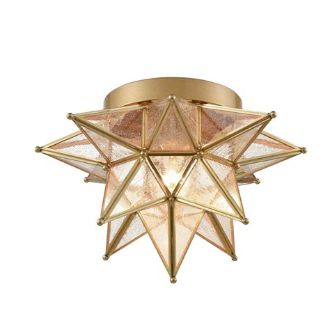 Brass Moravian Star Flush Mount Ceiling Light With Seeded Glass Claxy