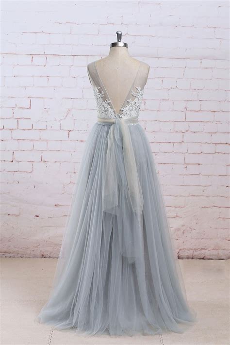 Grey Tulle Long Prom Dresses Grey Formal Gowns Wedding Dresses