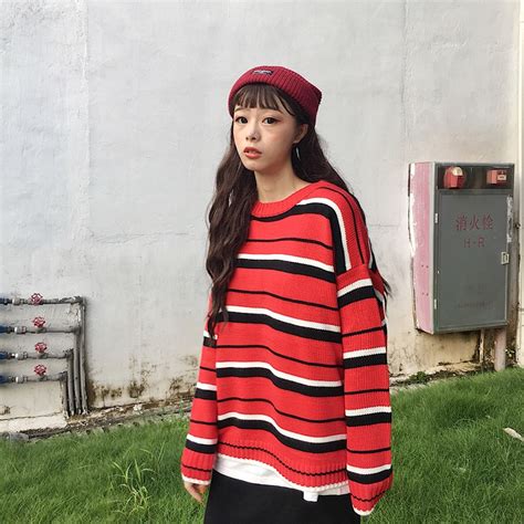 Womens Casual Sweaters Japanese Kawaii Korean Ulzzang Bf Striped Vintage Ulzzang Sweater Female