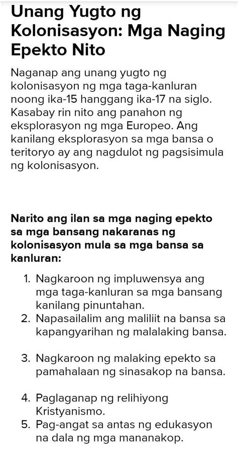 Ano ano ang mga naging epekto ng unang yugto ng kolonyalismo  Brainly.ph