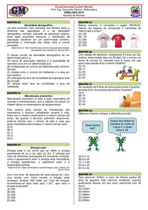 Exercício De Revisão De Matemática Do 7º Ano