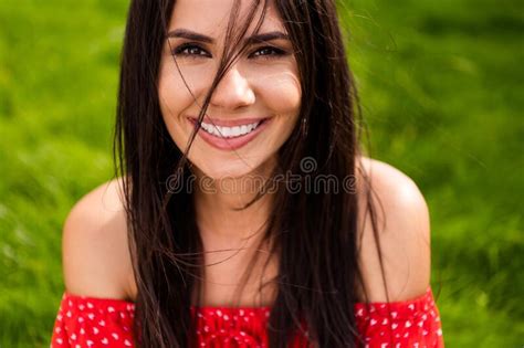 Photo Of Shiny Funny Young Lady Wear Red Off Shoulders Dress Sitting