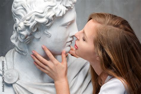 Young Woman Kissing God Apollo Bust Sculpture Ancient Greek God Of Sun