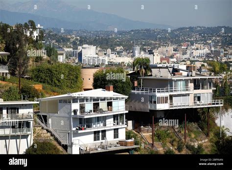 View from the Hollywood Hills to downtown Hollywood with homes on steep