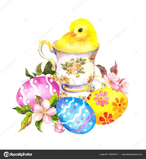 Easter Eggs Cute Little Chicken In Tea Cup Vintage Easter Watercolor