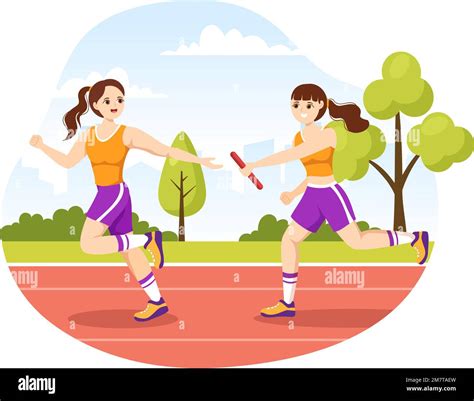 Relay Race Illustration By Passing The Baton To Teammates Until