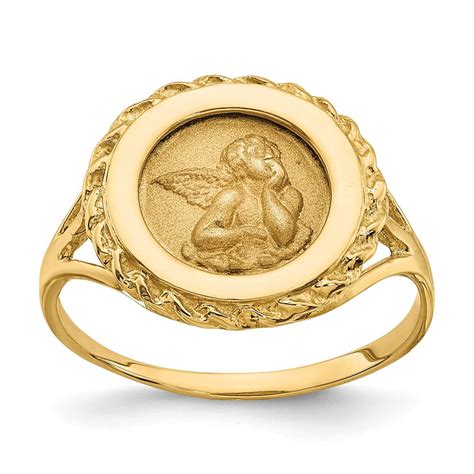 Ring Women 14k Yellow Gold Angel Coin With Rope Frame Ring Size 7