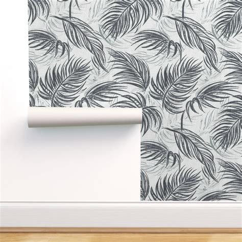 Peel And Stick Removable Wallpaper Palm Leaves Tropical Tree Silver
