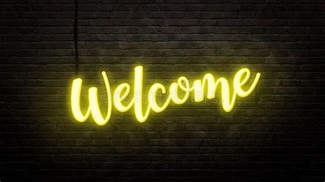 Welcome Neon Sign Emblem In Neon Style On Brick Wall Background Stock