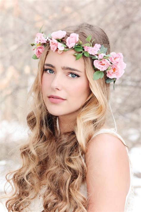 Flower Crown Pink Rose Wreath Bridal Hair Woodland Wedding Rustic