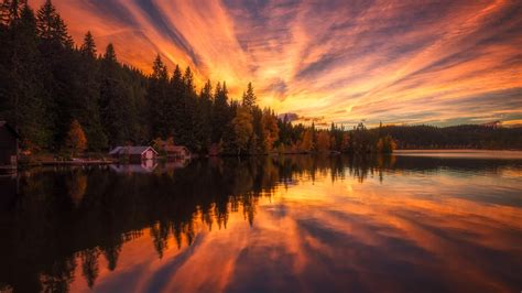 House Trees Lake Water Reflection Clouds Sunset Wallpaper