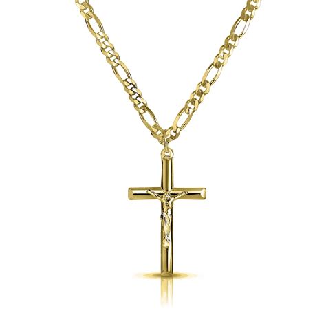 Mens 18k Yellow Gold Plated Crucifix Cross Necklace With 24 Curb