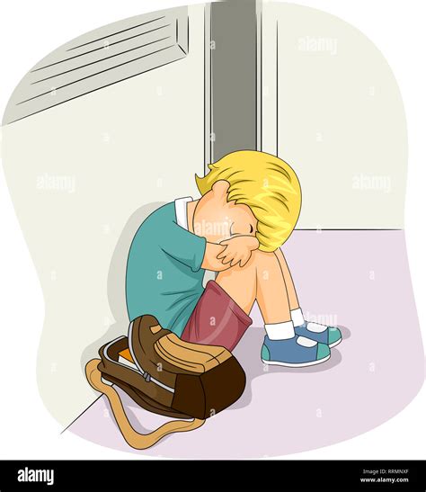 Illustration Of A Kid Boy Sitting In The Corridor Floor Crying With
