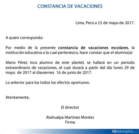 Ejemplos De Constancia De Vacaciones