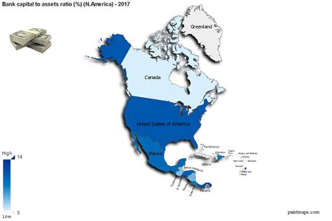 The formula for the leverage ratio is: Bank Capital To Assets Ratio Percentage On N.america Map