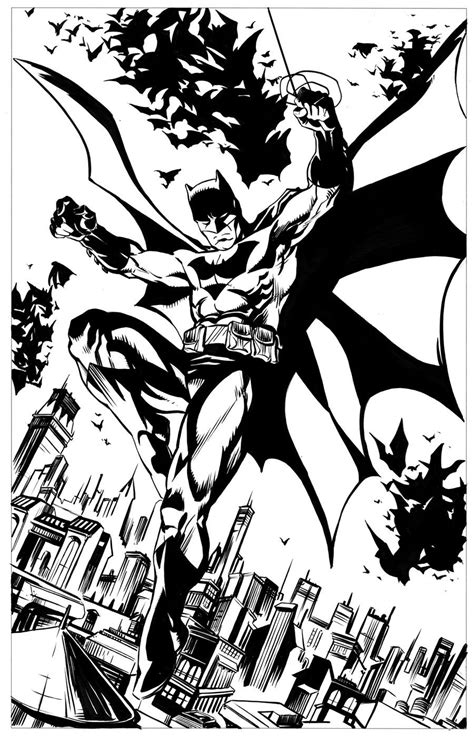 A Black And White Drawing Of Batman Flying Over The City