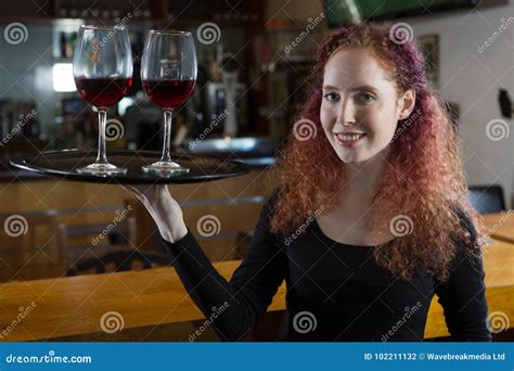 Beautiful Waitress Holding Wine Glasses Stock Photo Image Of Indoors