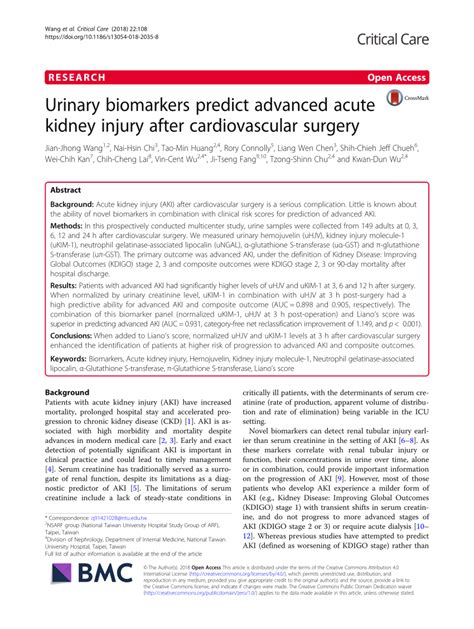 Pdf Urinary Biomarkers Predict Advanced Acute Kidney Injury After