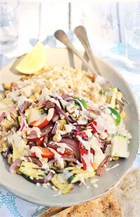 Roasted veg & couscous salad. Chickpea and grilled vegetable couscous salad with tahini ...