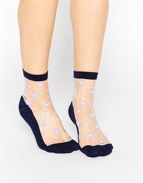 Asos Floral Sheer Panel Socks Navy Latest Fashion Clothes Tights