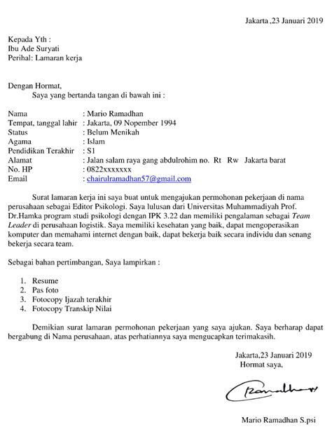 Contoh Draf Surat Lamaran Kerja Atau Surat Permohonan Magang Di Kantor