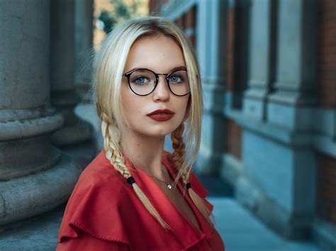 Wallpaper Women Pigtails Blonde Face Portrait Glasses Blue Eyes