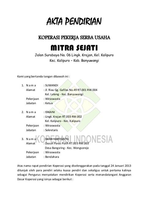 Contoh Akta Pendirian Koperasi Sekolah Terbaik Di Imagesee