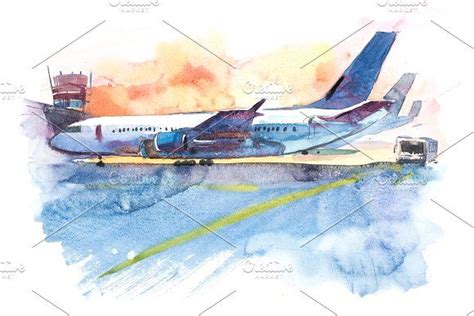 Airplane Is At The Airport On The Take Off Field Watercolor