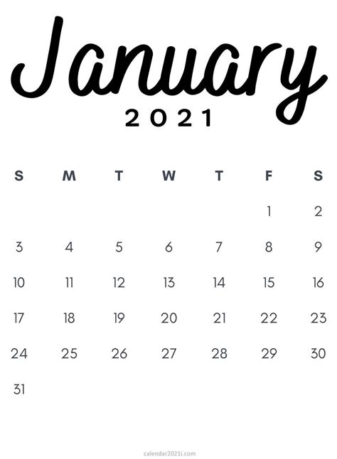 January 2021 Minimalist Calendar Printable Free Printable Calendar