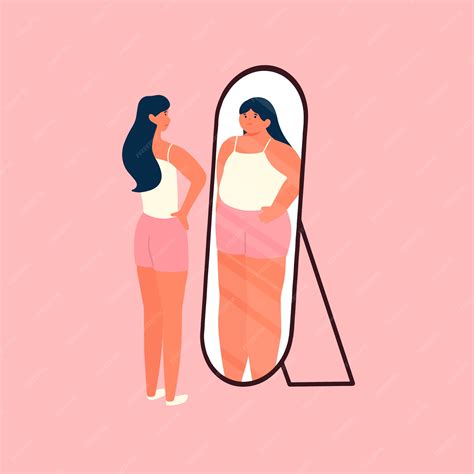 premium vector woman with ideal bodies looking herself in the mirror and feel insecure and fat