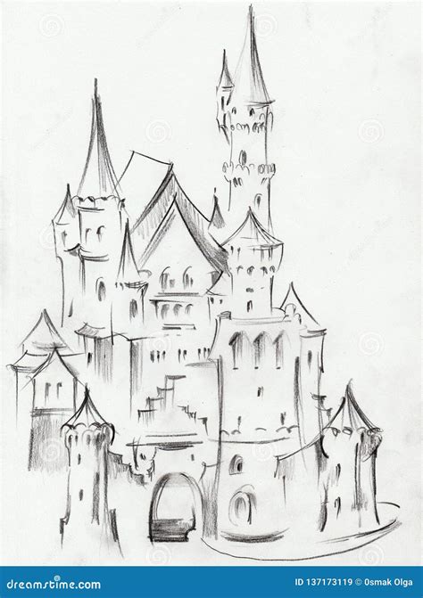 Drawing Of Architectural Structures Of The Medieval Fairy Tale Castle