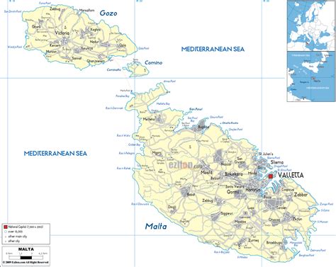 Physical map of malta showing major cities, terrain, national parks, rivers, and surrounding countries with international borders and outline maps. Political Map of Malta - Ezilon Maps