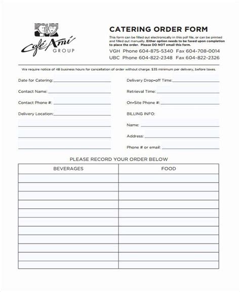 Restaurant Food Order Form Template Unique Free 9 Catering Order Form
