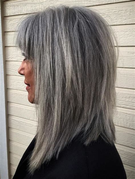 Medium Salt And Pepper Hairstyle With Bangs Grey Hair With Bangs