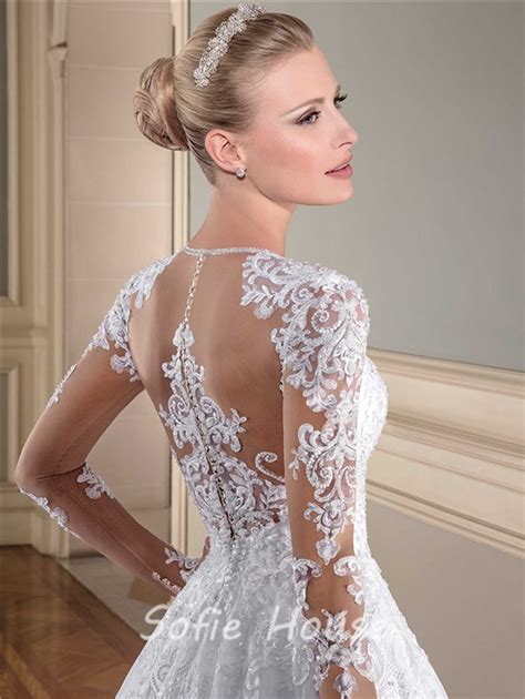 Ball Gown Illusion Neckline Sheer Long Sleeve See Through Tulle Lace