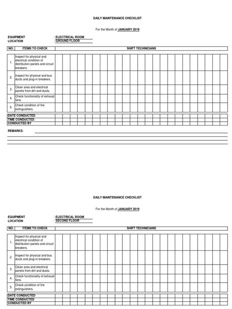 1 kf/fms/hk/01 housekeeping supervisor daily checklistto be filled daily. Electrical Rooms Daily Maintenance Checklist | Duct (Flow ...