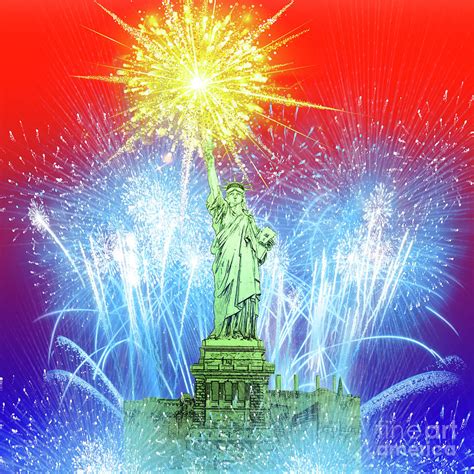 Beautiful Colorful Holiday Fireworks Over The Statue Of Liberty Happy